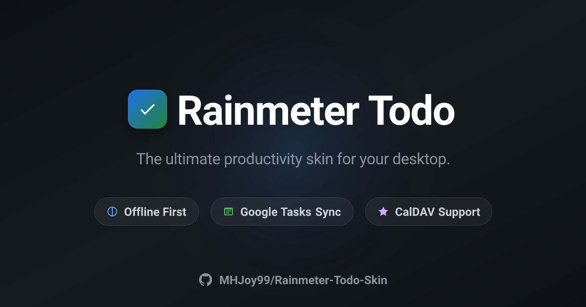 Rainmeter Todo banner with the badges Offline First, Google Tasks Sync and CalDAV Support