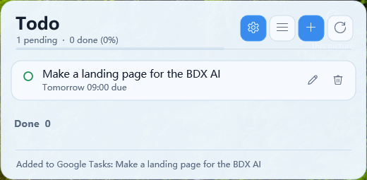 Todo Board skin on the desktop: a Todo tile with one pending task due tomorrow and a status line reading Added to Google Tasks