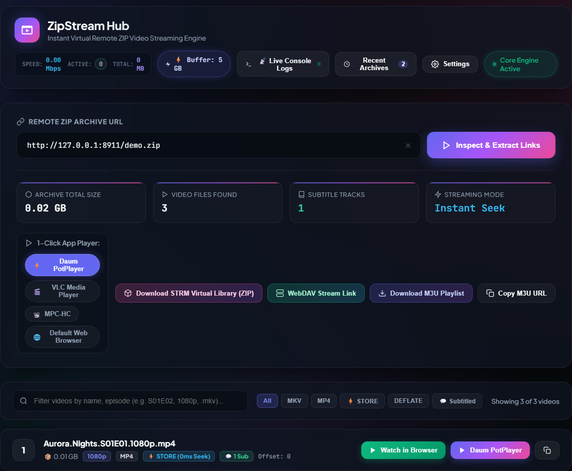ZipStreamHub web dashboard after inspecting a remote ZIP: archive size, video count, subtitle track count, Instant Seek mode, buttons for STRM library, WebDAV link and M3U playlist, and a list of three episodes with Watch in Browser and PotPlayer buttons.