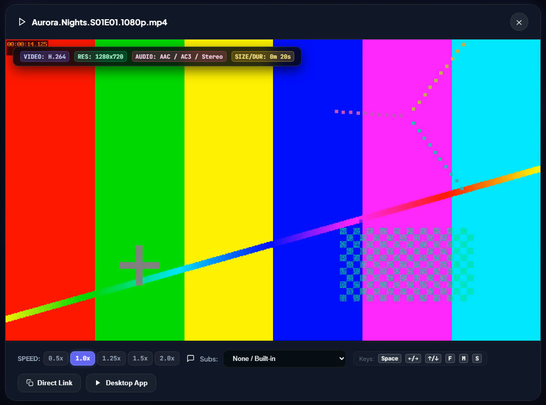 ZipStreamHub in-browser video player playing a test pattern with H.264, 1280x720 and duration badges, speed controls and a subtitle selector.