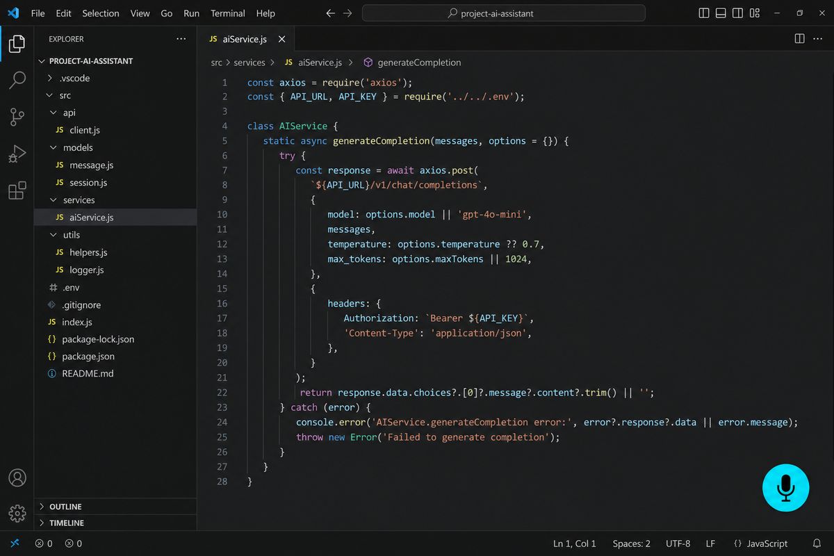 Illustration of a code editor with the circular JoyVoice microphone button floating in the bottom-right corner