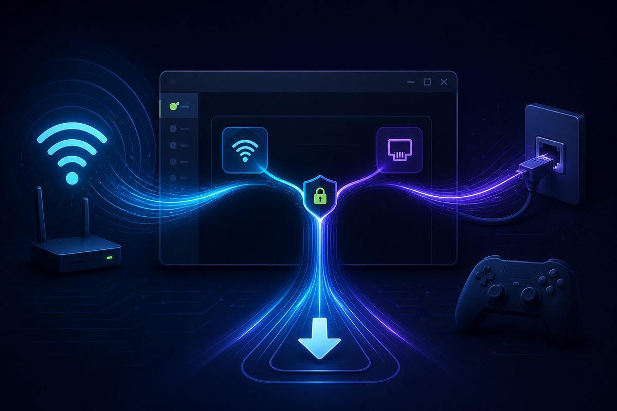 Presentation artwork: Wi-Fi and Ethernet streams merging through a shield into one download arrow, with a game controller beside it